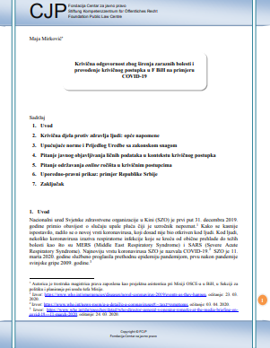 Criminal liability for spreading infectious diseases and criminal proceedings in the F BiH based on the example of COVID-19: analysis of positive and proposed legal provisions